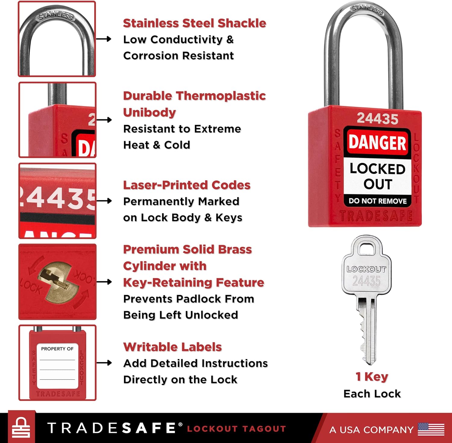 TRADESAFE Lockout Locks, 10 Red Loto Locks Keyed Different, 1 Key Each | Non-Conductive Nylon Body, 304 Stainless Steel Shackle, Brass Core Retains Key, Tri-Language Labels - Image 3