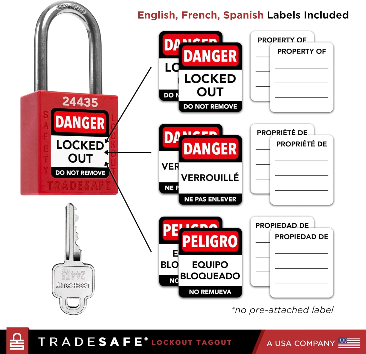 TRADESAFE Lockout Locks, 10 Red Loto Locks Keyed Different, 1 Key Each | Non-Conductive Nylon Body, 304 Stainless Steel Shackle, Brass Core Retains Key, Tri-Language Labels - Image 4