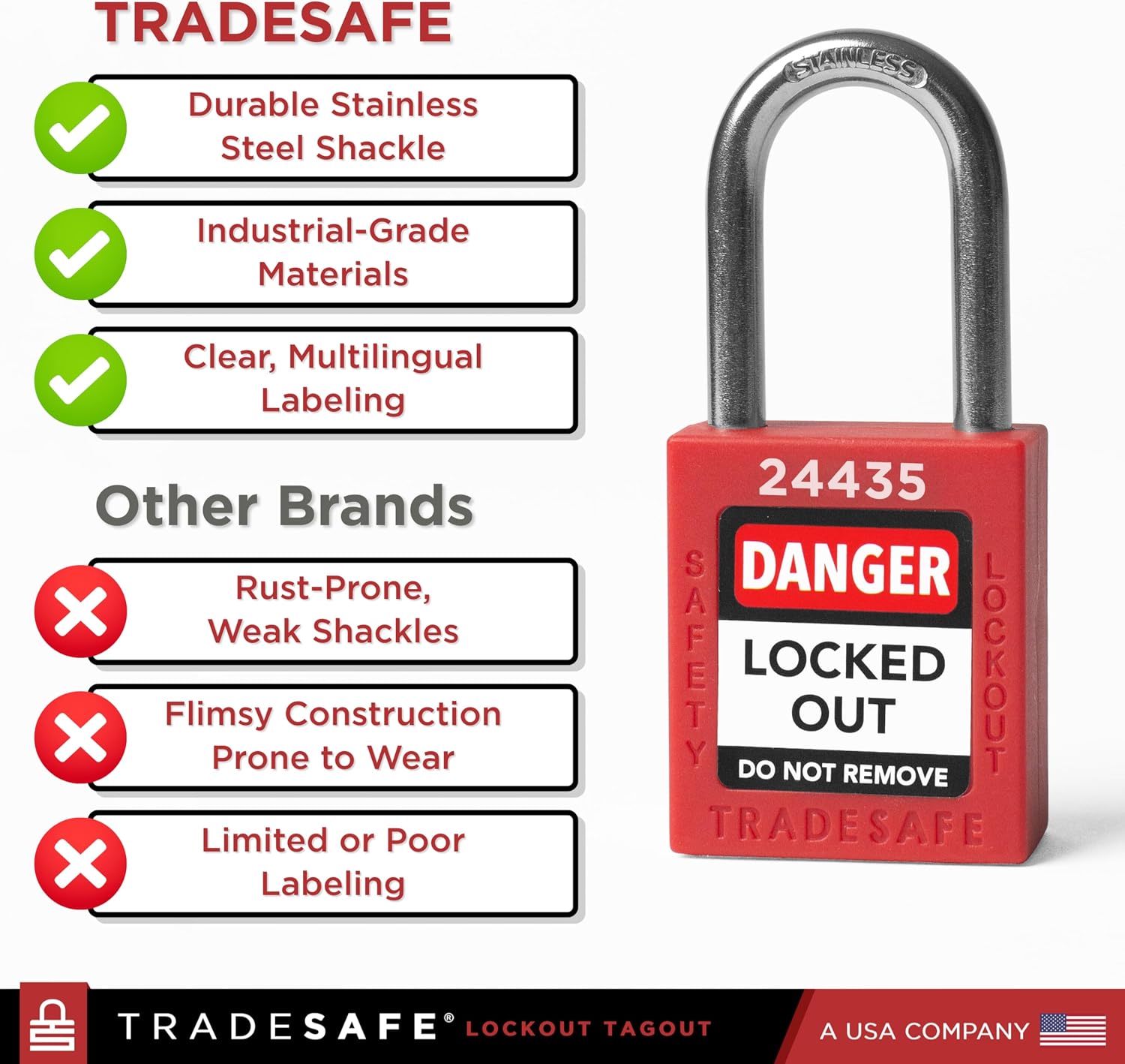 TRADESAFE Lockout Locks, 10 Red Loto Locks Keyed Different, 1 Key Each | Non-Conductive Nylon Body, 304 Stainless Steel Shackle, Brass Core Retains Key, Tri-Language Labels - Image 5