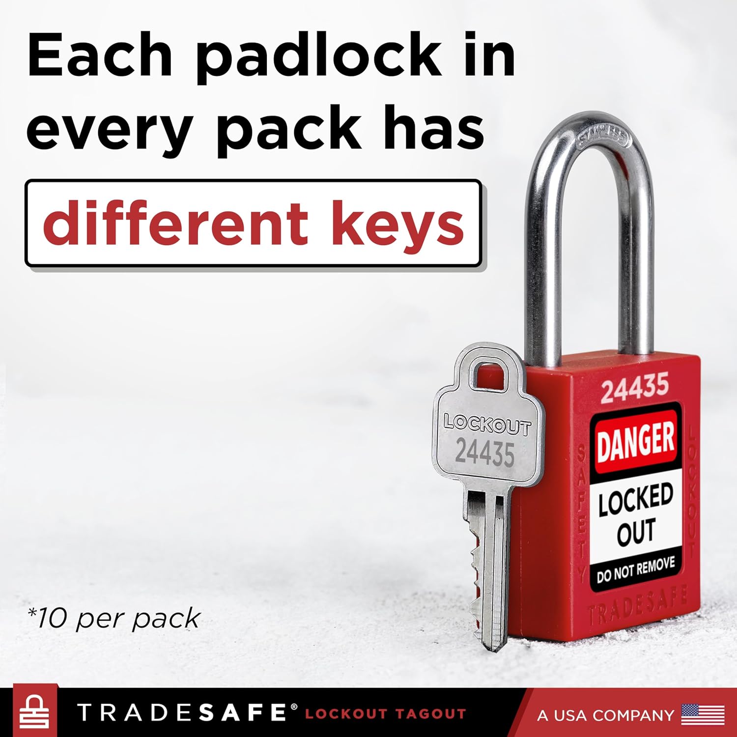 TRADESAFE Lockout Locks, 10 Red Loto Locks Keyed Different, 1 Key Each | Non-Conductive Nylon Body, 304 Stainless Steel Shackle, Brass Core Retains Key, Tri-Language Labels - Image 7