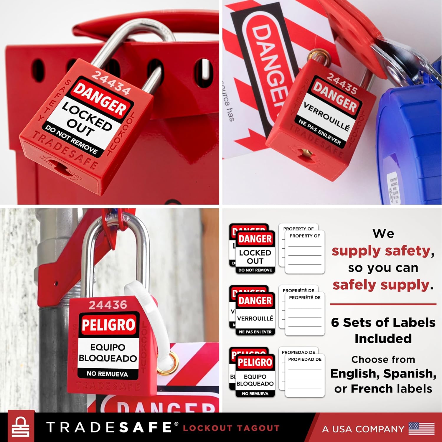 TRADESAFE Lockout Locks, 10 Red Loto Locks Keyed Different, 1 Key Each | Non-Conductive Nylon Body, 304 Stainless Steel Shackle, Brass Core Retains Key, Tri-Language Labels - Image 9