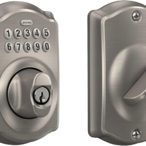 Schlage Electronic Keypad Deadbolt Lock, Camelot Trim, Satin Nickel | Keyless entry door lock, Push button keypad deadbolt, Key backup included, Certified security, Easy install, BE365