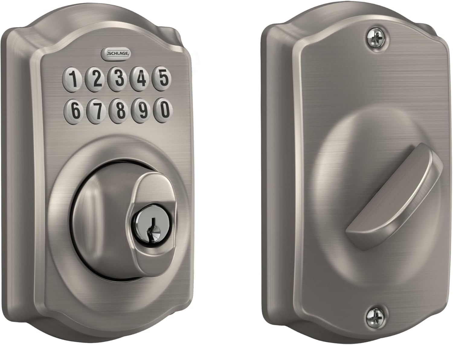 Schlage Electronic Keypad Deadbolt Lock, Camelot Trim, Satin Nickel | Keyless entry door lock, Push button keypad deadbolt, Key backup included, Certified security, Easy install, BE365