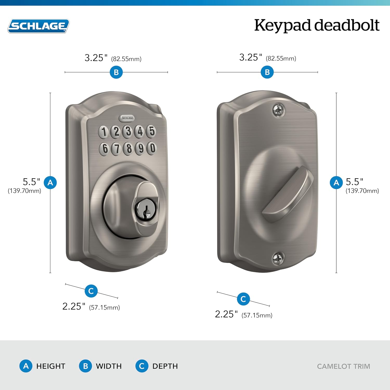 Schlage Electronic Keypad Deadbolt Lock, Camelot Trim, Satin Nickel | Keyless entry door lock, Push button keypad deadbolt, Key backup included, Certified security, Easy install, BE365 - Image 3