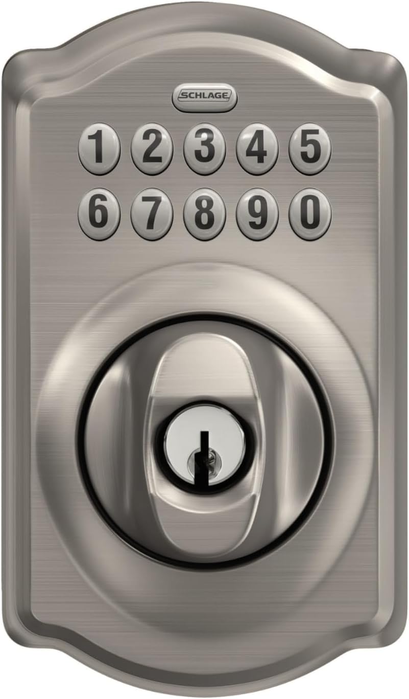 Schlage Electronic Keypad Deadbolt Lock, Camelot Trim, Satin Nickel | Keyless entry door lock, Push button keypad deadbolt, Key backup included, Certified security, Easy install, BE365 - Image 6