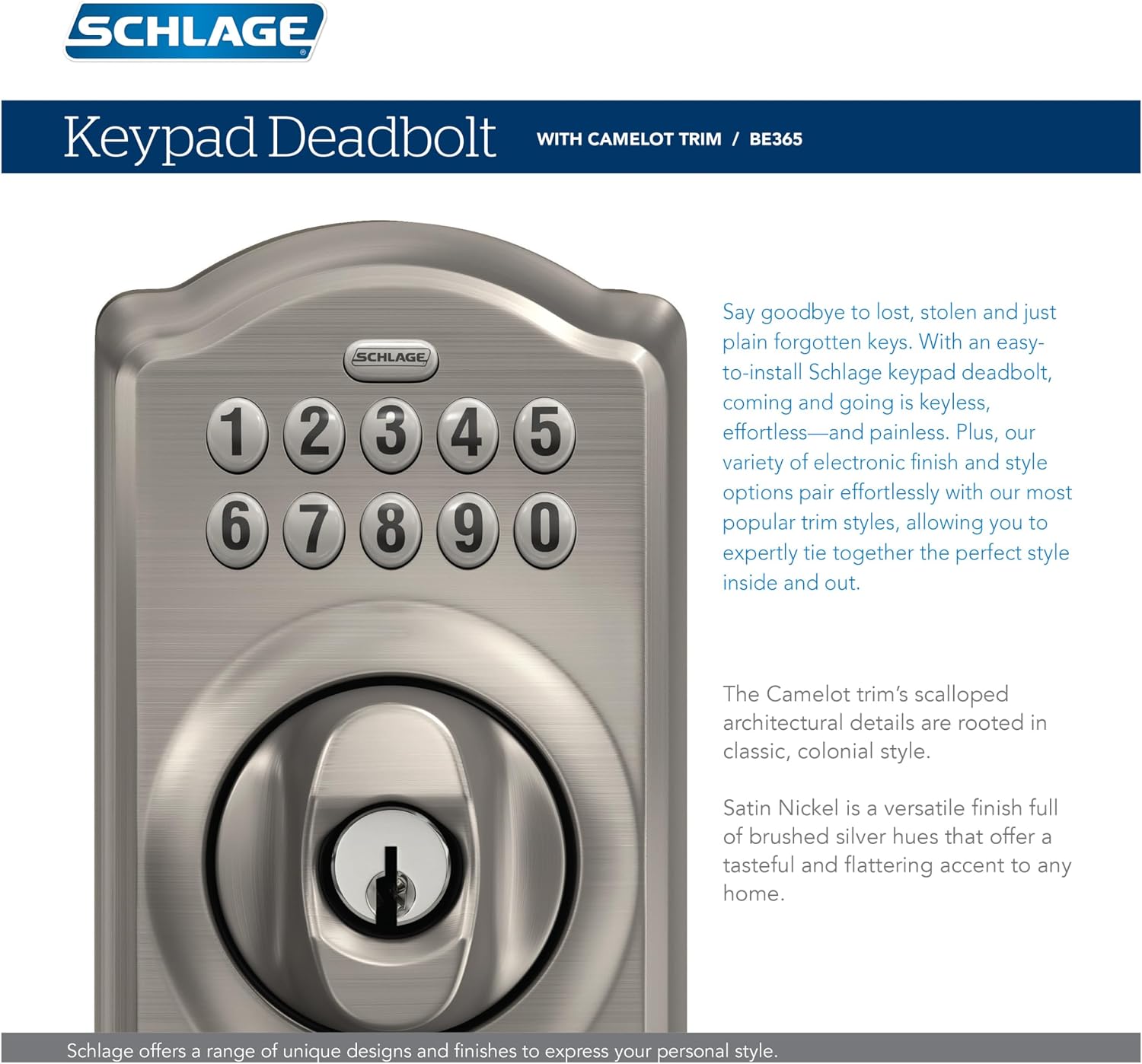 Schlage Electronic Keypad Deadbolt Lock, Camelot Trim, Satin Nickel | Keyless entry door lock, Push button keypad deadbolt, Key backup included, Certified security, Easy install, BE365 - Image 7
